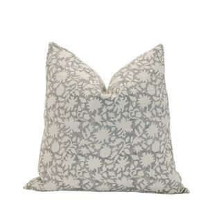 Custom linen 14x20 grey and beige hand-blocked floral pillow cover